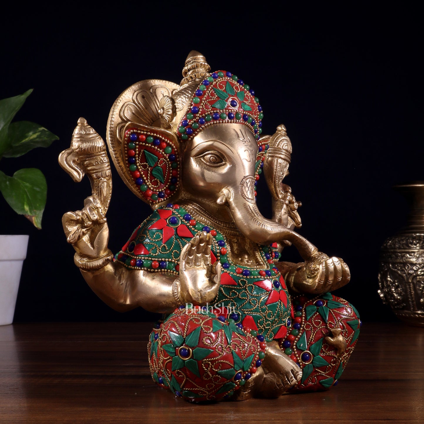 Brass lord Ganesha Idol with Sharp Features - 8 Inch