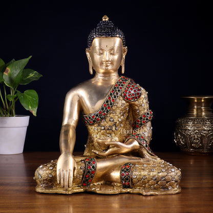 Pure Brass Bhumisparsha Buddha Statue with Nepalese Stonework – 10.5 Inch