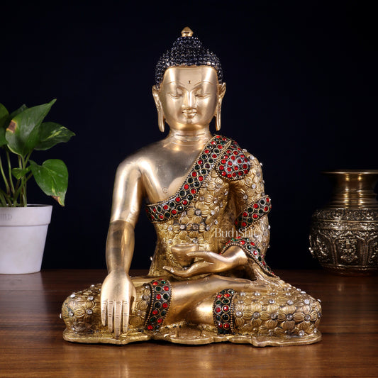 Pure Brass Bhumisparsha Buddha Statue with Nepalese Stonework – 10.5 Inch
