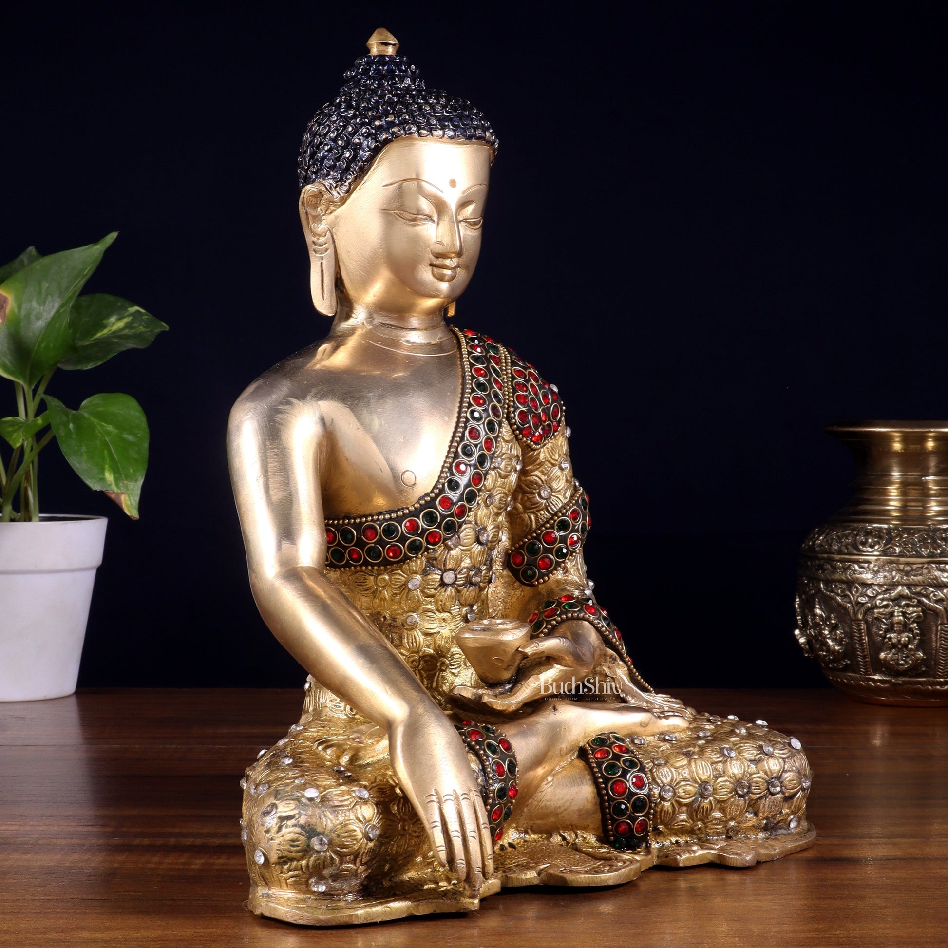 Pure Brass Bhumisparsha Buddha Statue with Nepalese Stonework – 10.5 Inch