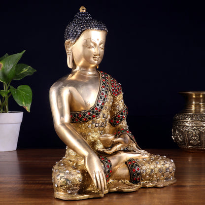 Pure Brass Bhumisparsha Buddha Statue with Nepalese Stonework – 10.5 Inch