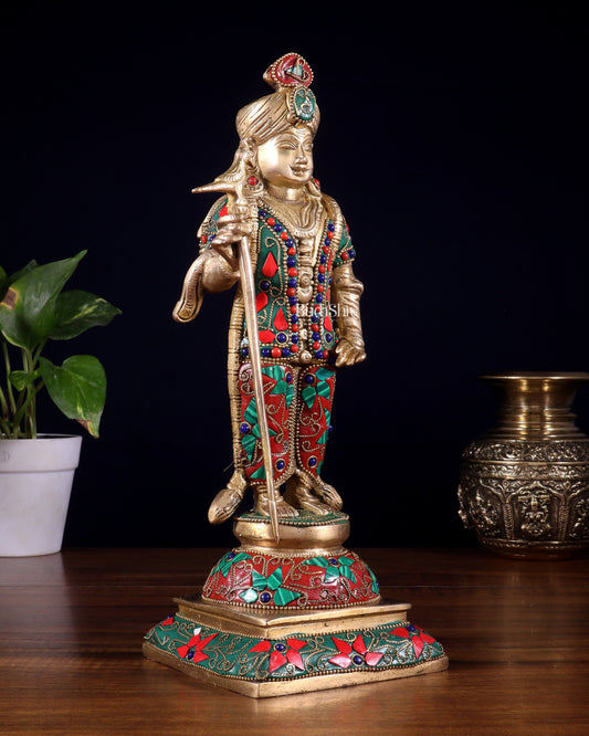 Pure Brass Palani Raja Alangaram Murugan Statue - 12" meenakari Stonework