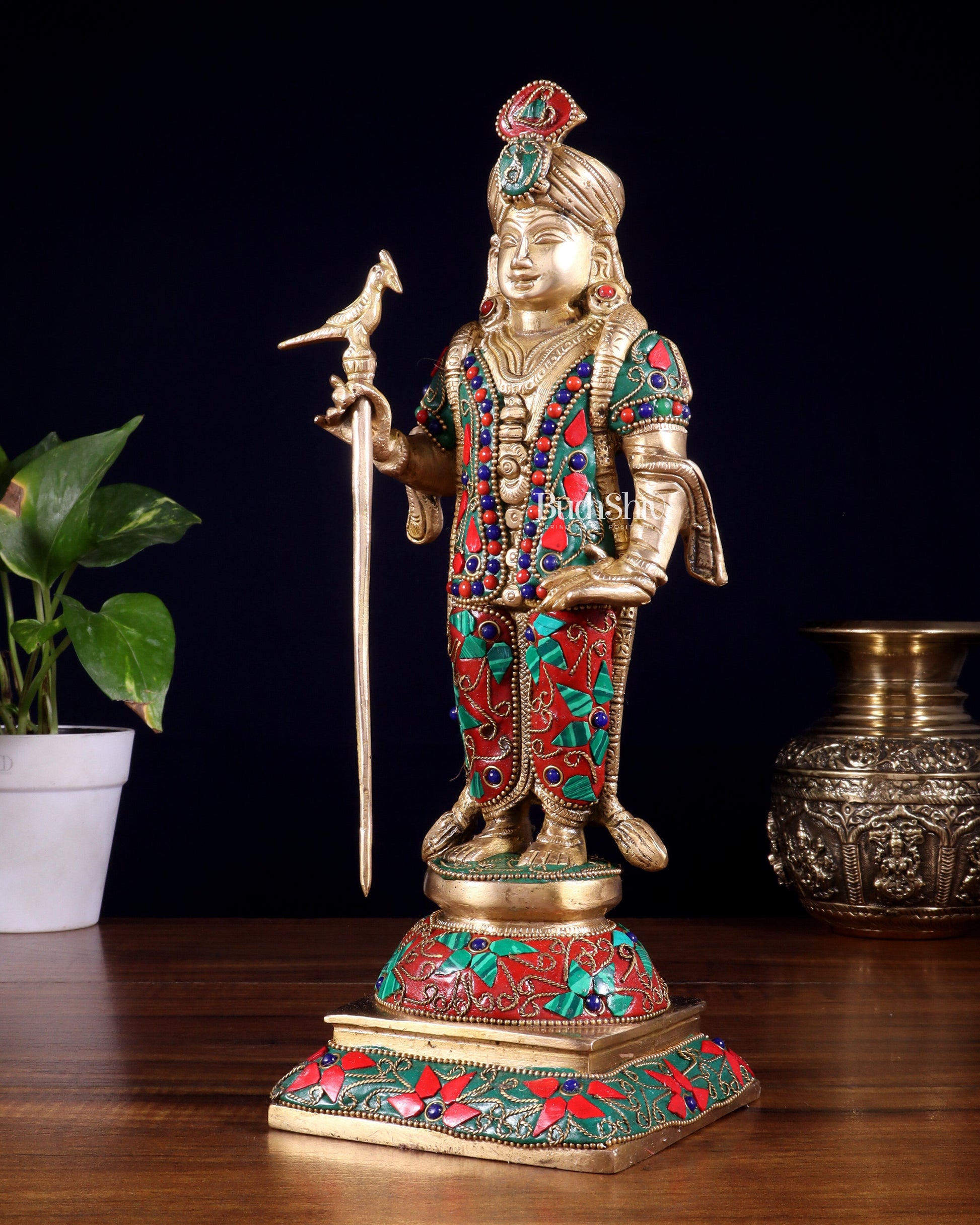 Pure Brass Palani Raja Alangaram Murugan Statue - 12" meenakari Stonework