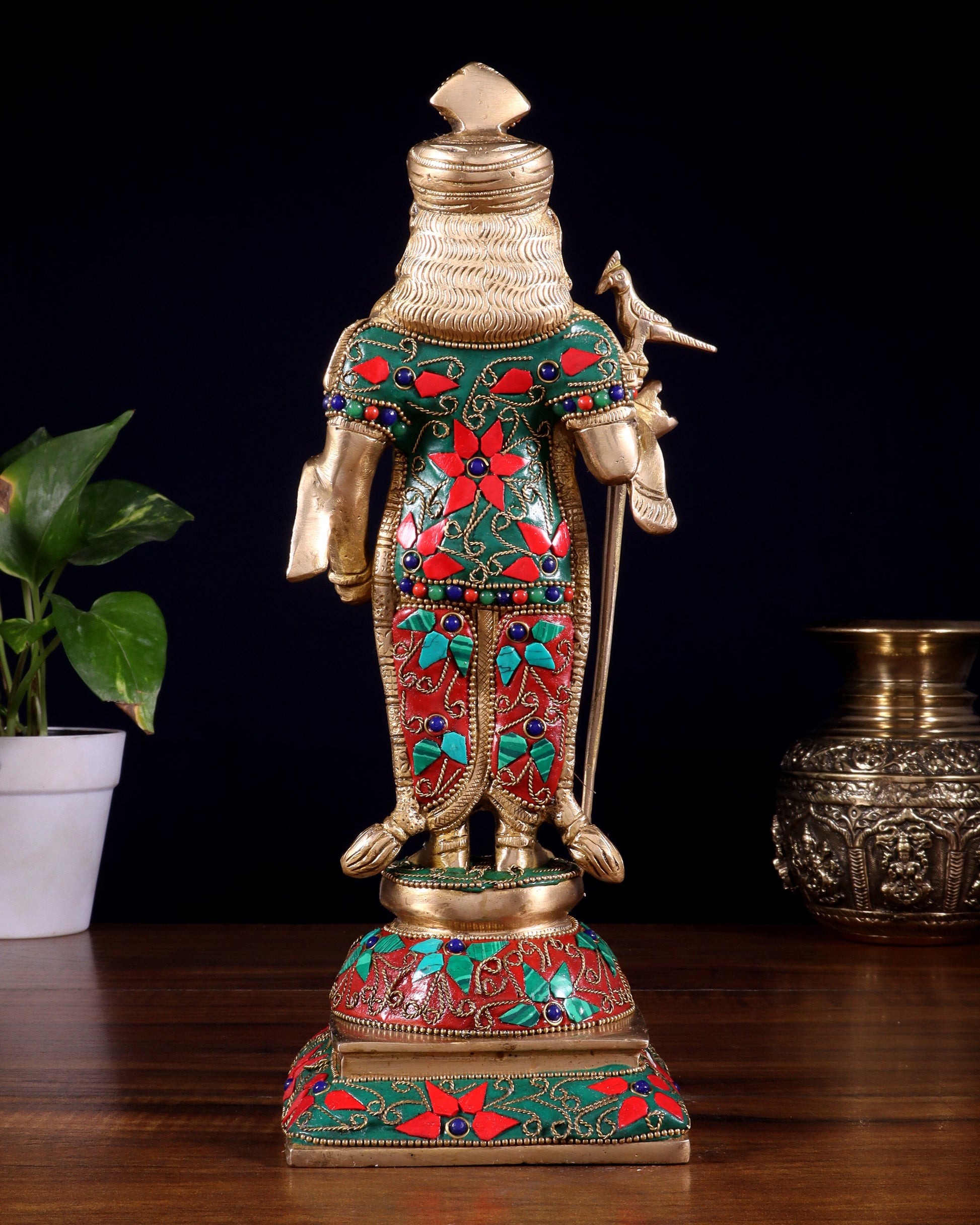 Pure Brass Palani Raja Alangaram Murugan Statue - 12" meenakari Stonework