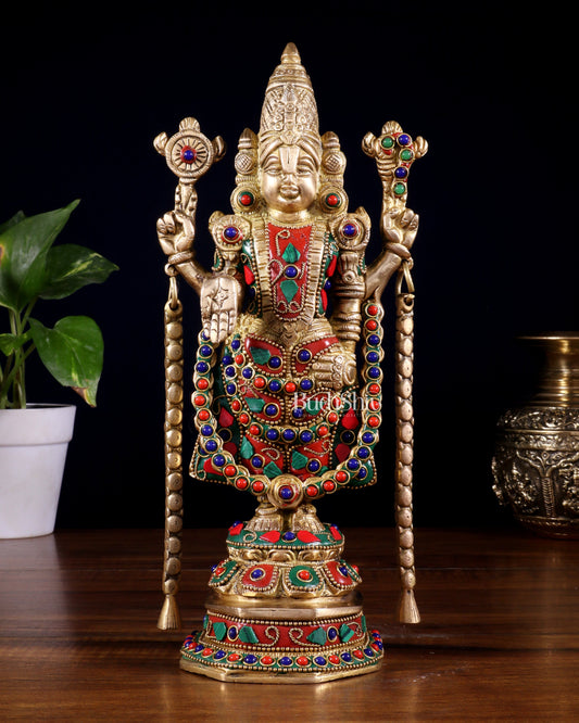 Brass Tirupati Balaji Statue 11 inch with meenakari Stonework