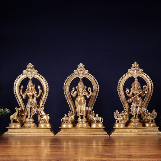 Pure Brass Standing Ganesha Lakshmi Saraswati Idol Set | 15”