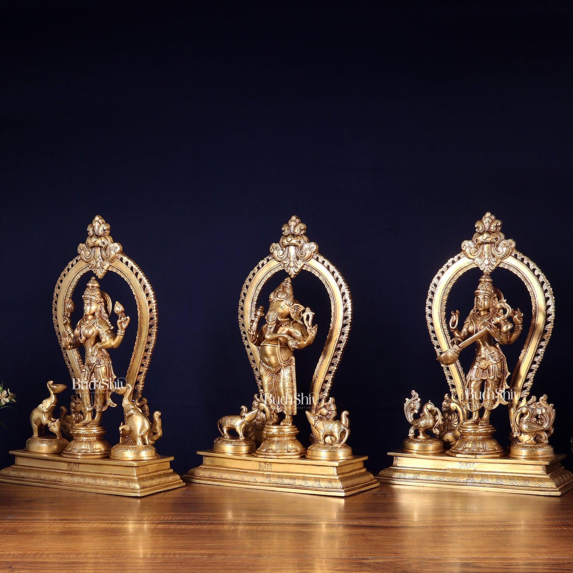 Pure Brass Standing Ganesha Lakshmi Saraswati Idol Set | 15”