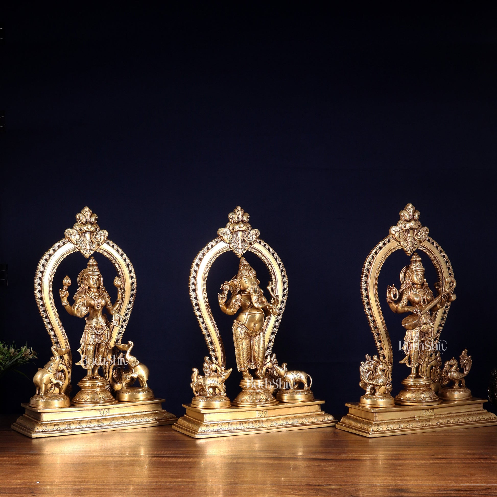 Pure Brass Standing Ganesha Lakshmi Saraswati Idol Set | 15”