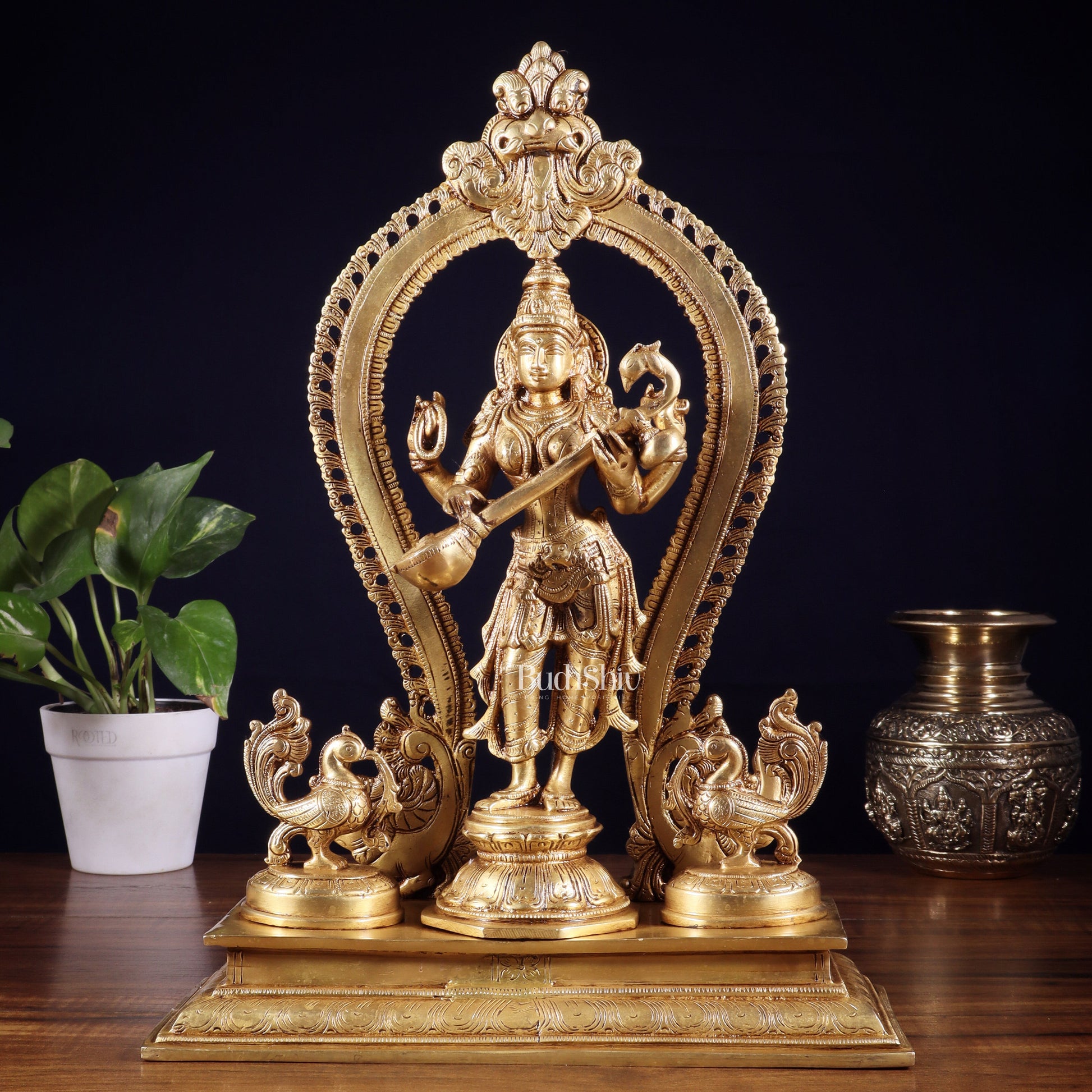 Pure Brass Standing Goddess Saraswati Idol with Swans | 15”