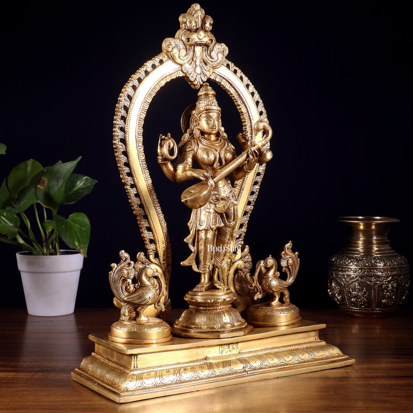 Pure Brass Standing Goddess Saraswati Idol with Swans | 15”