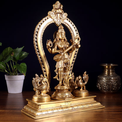 Pure Brass Standing Goddess Saraswati Idol with Swans | 15”