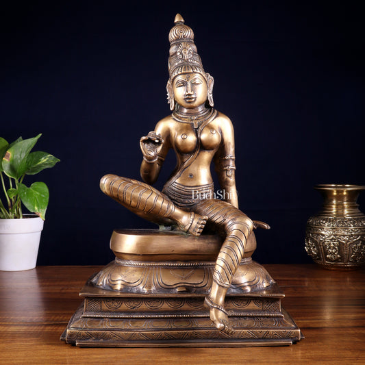 Vintage Bhoga Shakti Brass Devi Uma Parvati Sitting Statue | Burnt Brass Tone | 14” Height