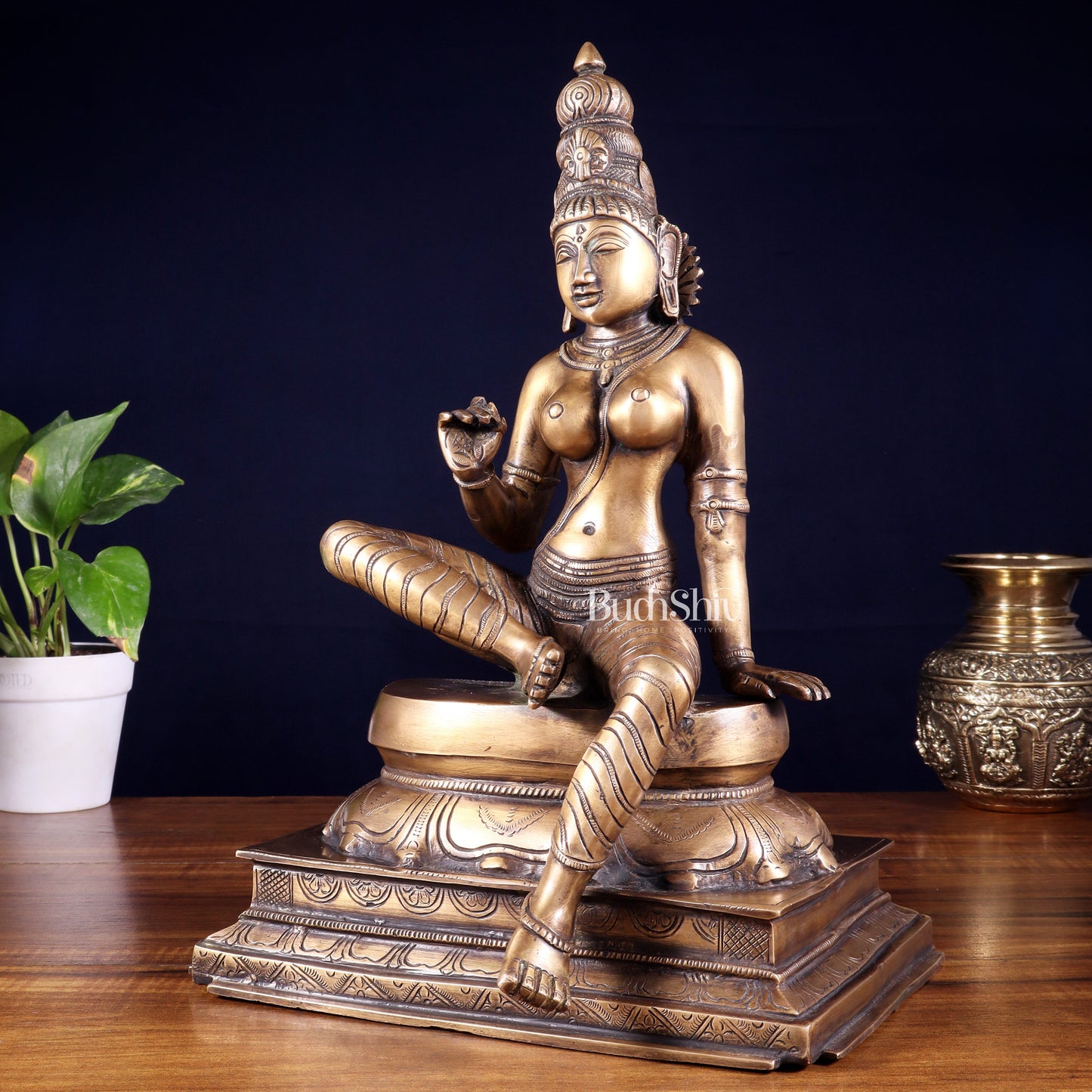 Vintage Bhoga Shakti Brass Devi Uma Parvati Sitting Statue | Burnt Brass Tone | 14” Height