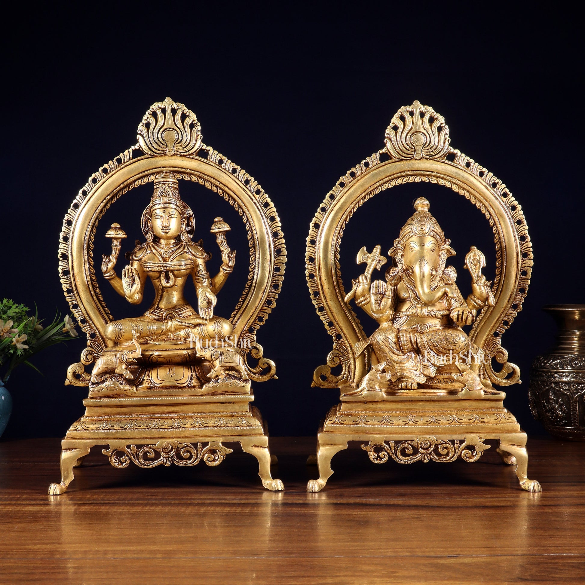 Pure Brass Seated Ganesha Lakshmi Idol Pair | 13”