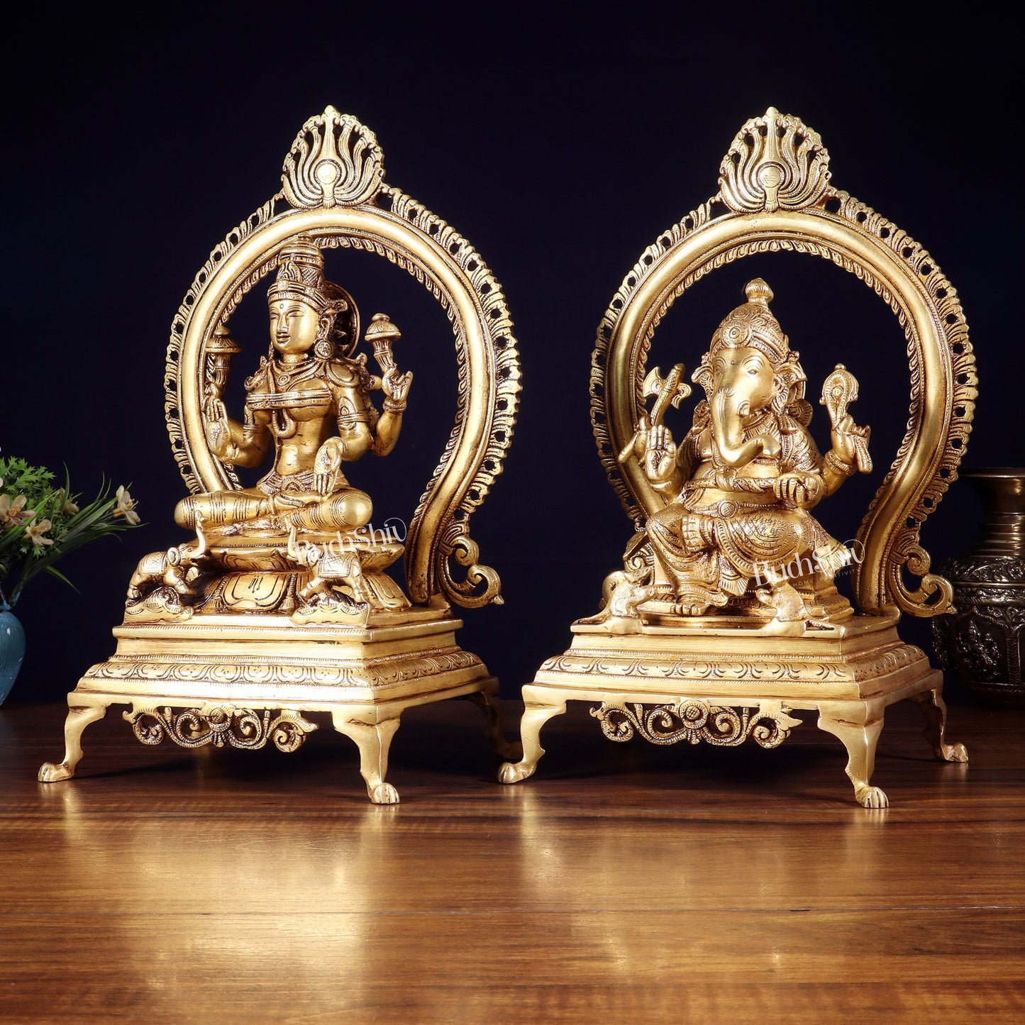 Pure Brass Seated Ganesha Lakshmi Idol Pair | 13”
