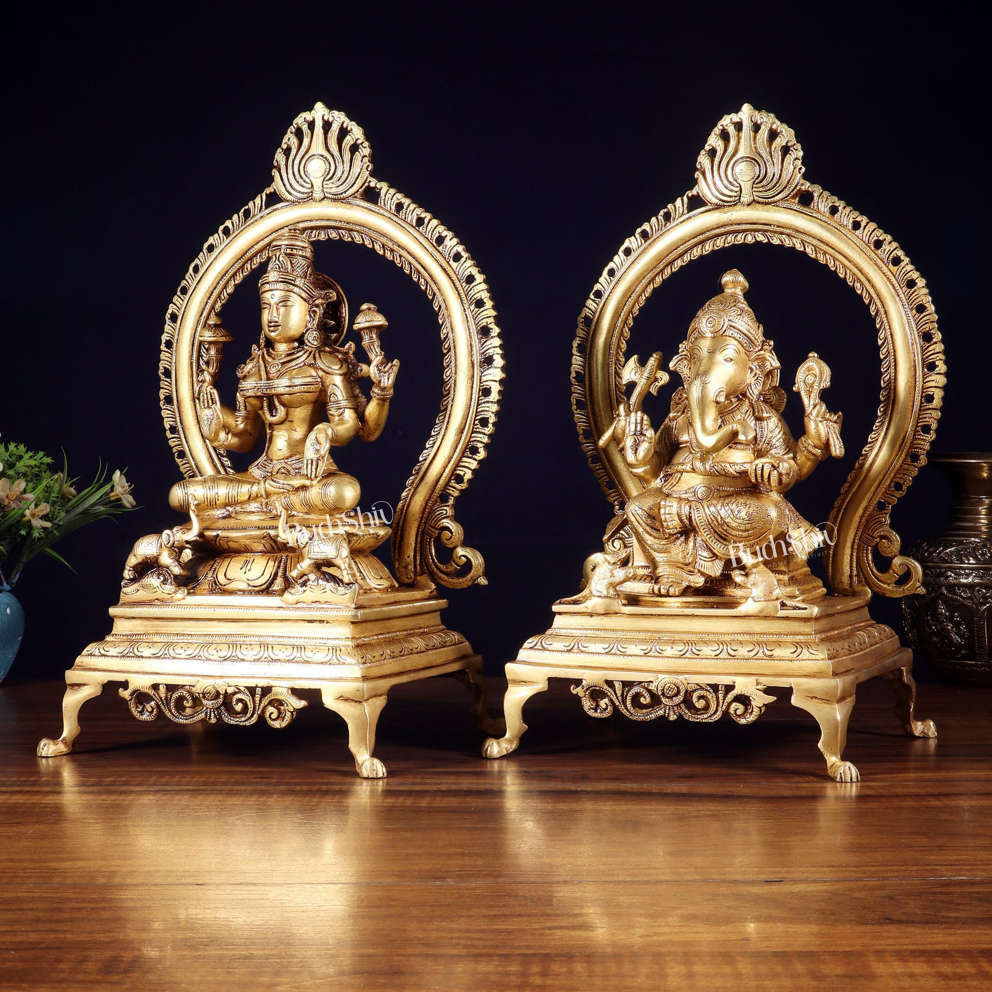 Pure Brass Seated Ganesha Lakshmi Idol Pair | 13”