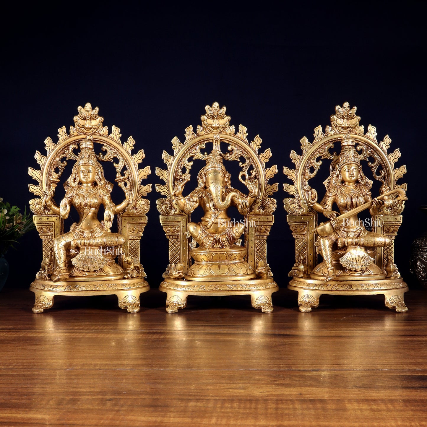 Pure Brass Ganesh, Lakshmi, Saraswati with Prabhavali Idols 12"