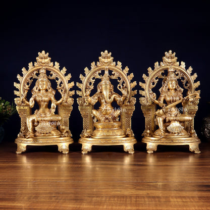 Pure Brass Ganesh, Lakshmi, Saraswati with Prabhavali Idols 12"