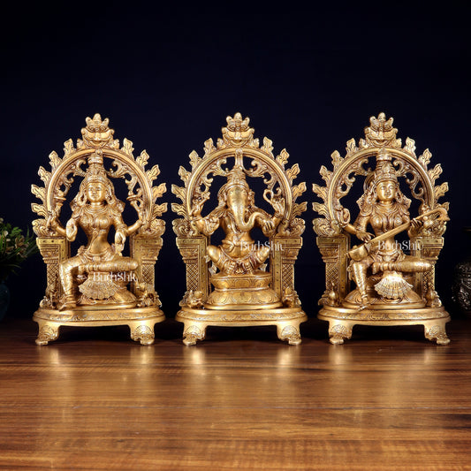 Pure Brass Ganesh, Lakshmi, Saraswati with Prabhavali Idols 12"