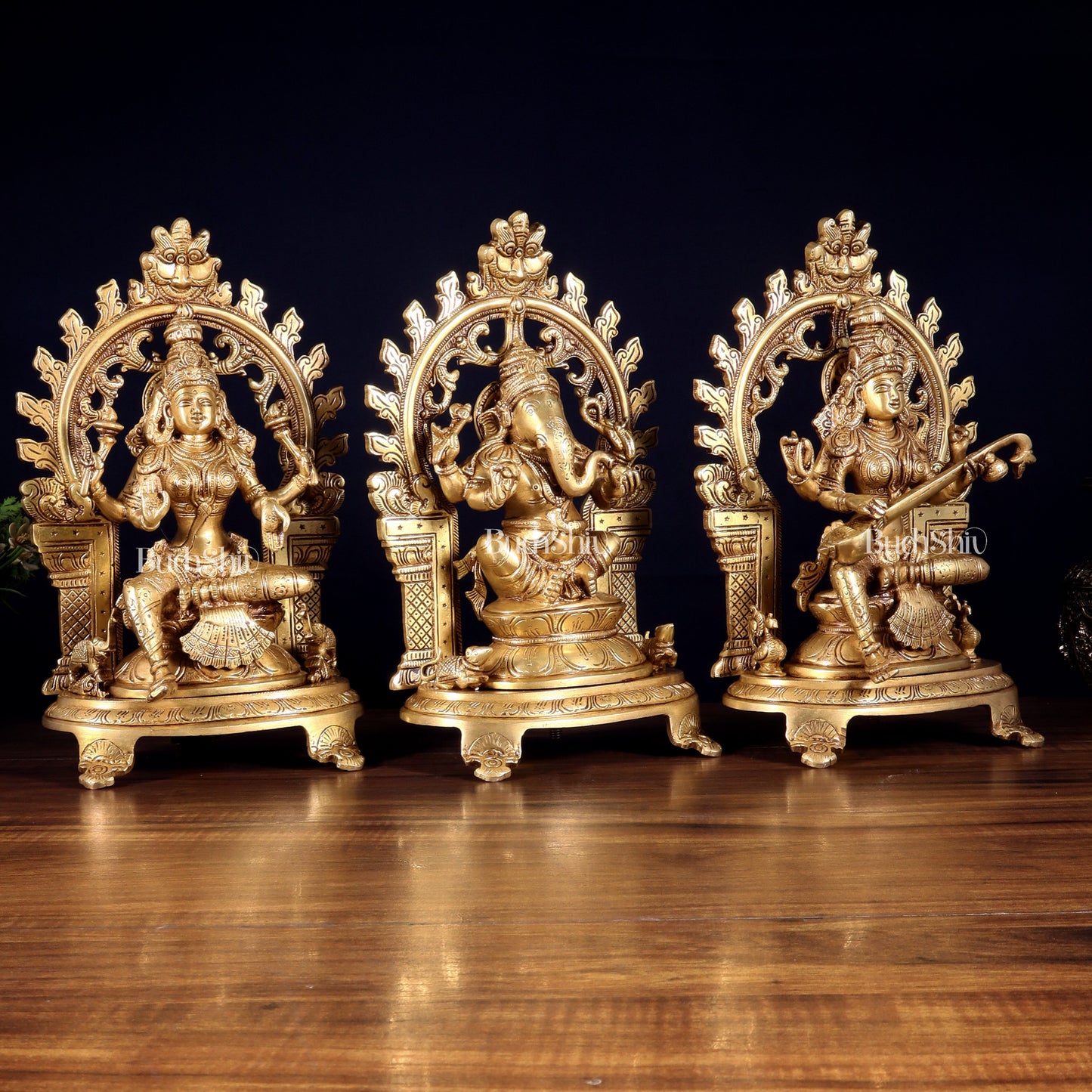 Pure Brass Ganesh, Lakshmi, Saraswati with Prabhavali Idols 12"