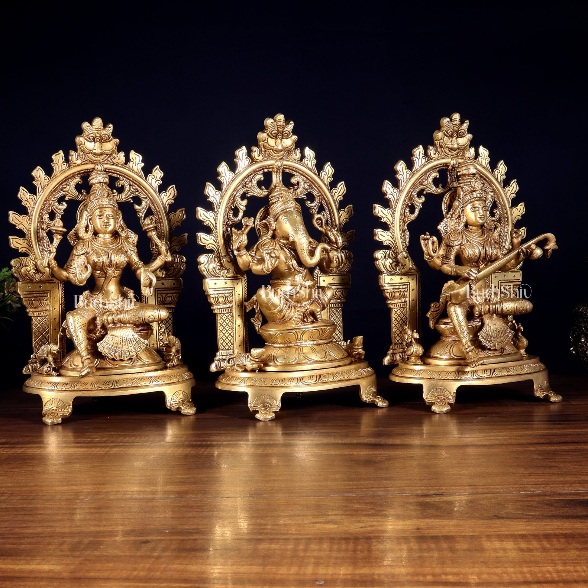 Pure Brass Ganesh, Lakshmi, Saraswati with Prabhavali Idols 12"