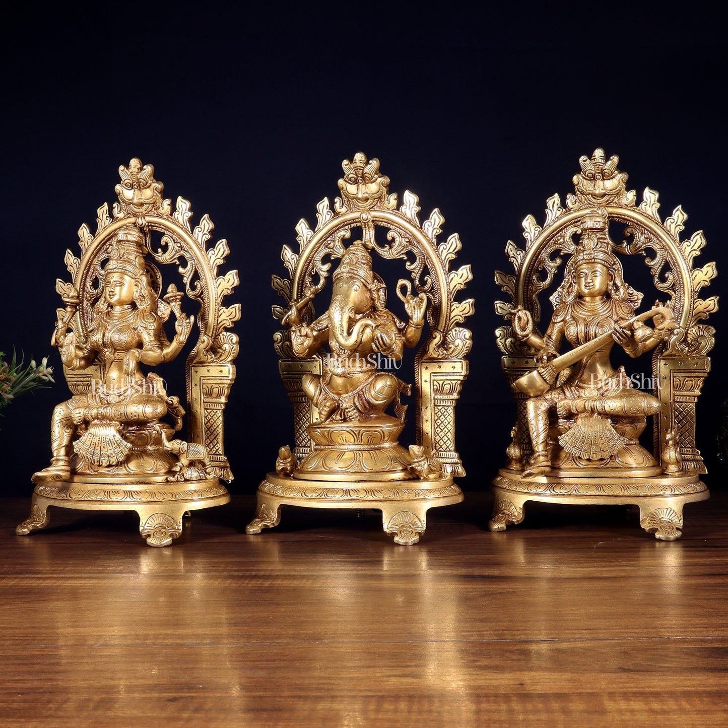 Pure Brass Ganesh, Lakshmi, Saraswati with Prabhavali Idols 12"