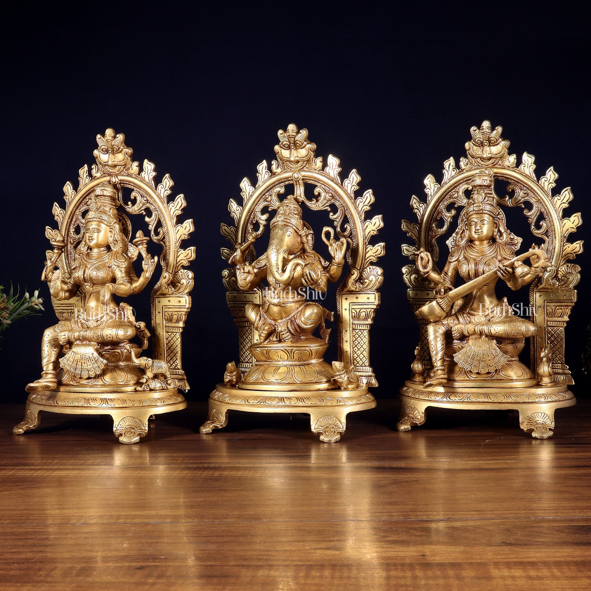 Pure Brass Ganesh, Lakshmi, Saraswati with Prabhavali Idols 12"