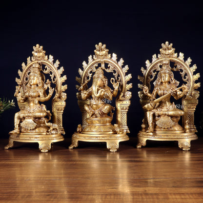 Pure Brass Ganesh, Lakshmi, Saraswati with Prabhavali Idols 12"