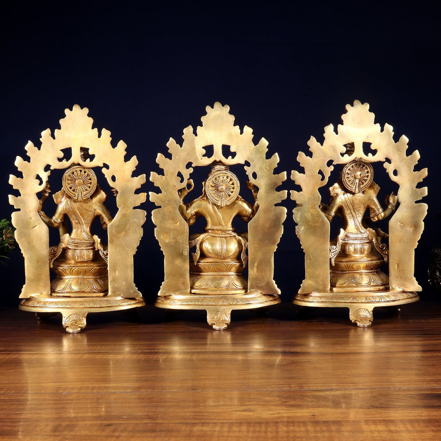 Pure Brass Ganesh, Lakshmi, Saraswati with Prabhavali Idols 12"