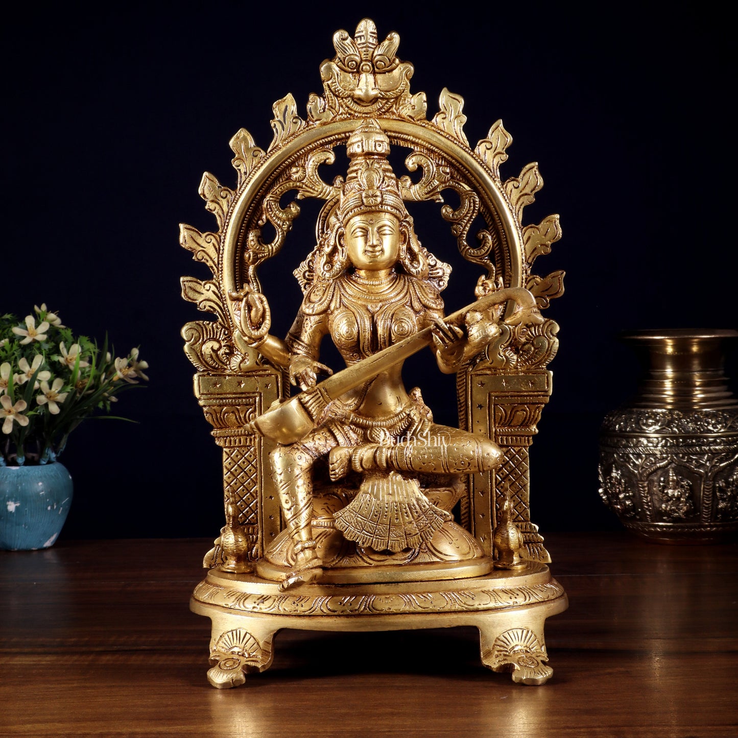 Pure Brass Ganesh, Lakshmi, Saraswati with Prabhavali Idols 12"