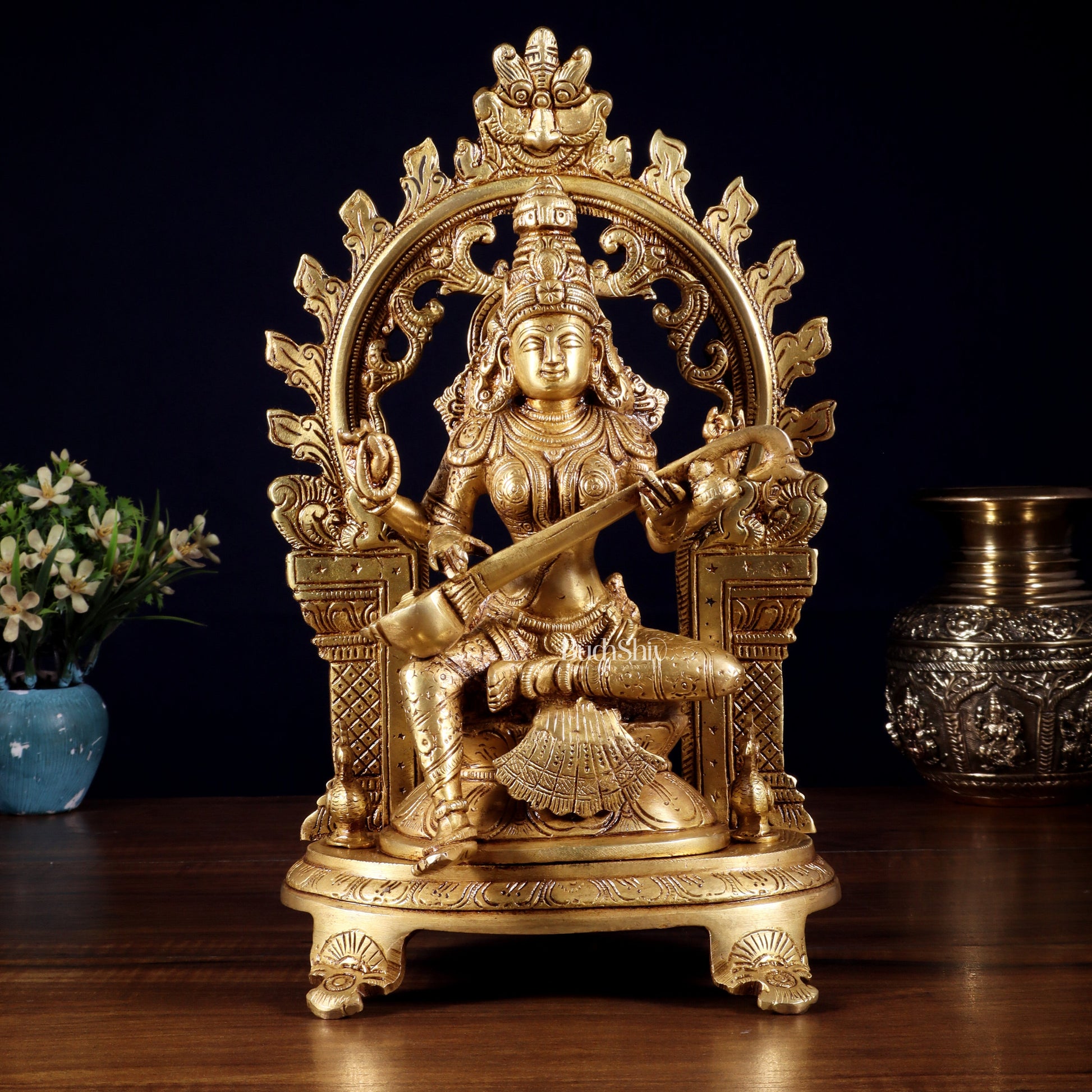 Pure Brass Goddess Saraswati Idol with Prabhavali | 12 Inch