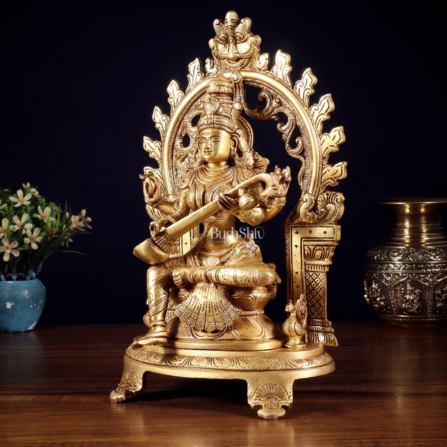 Pure Brass Goddess Saraswati Idol with Prabhavali | 12 Inch