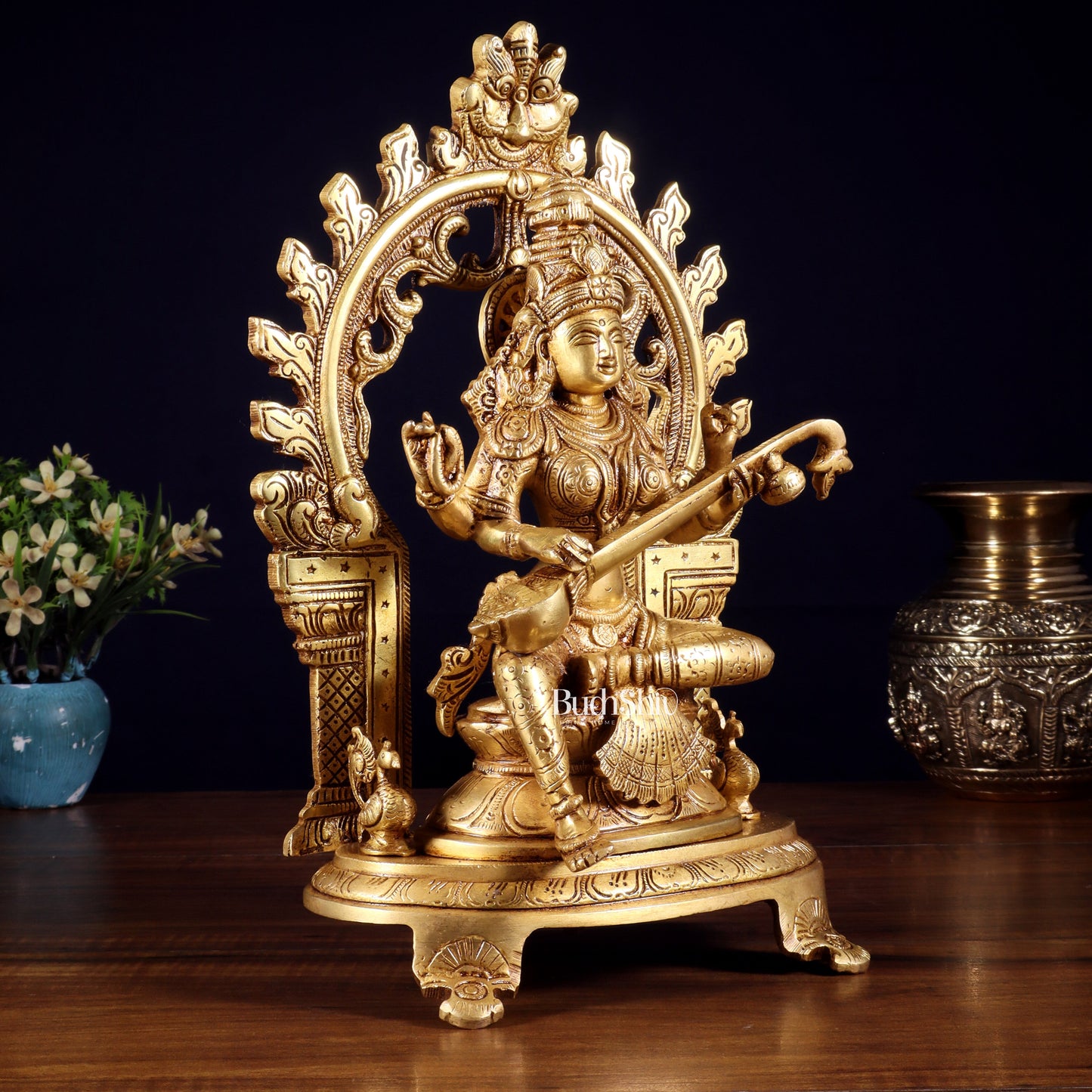 Pure Brass Goddess Saraswati Idol with Prabhavali | 12 Inch