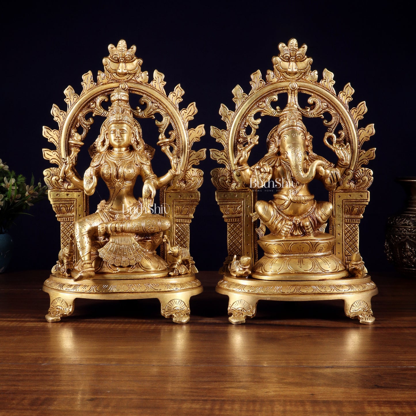 Pure Brass Lord Ganesha & Goddess Lakshmi Idol Pair with Prabhavali | 12 Inch