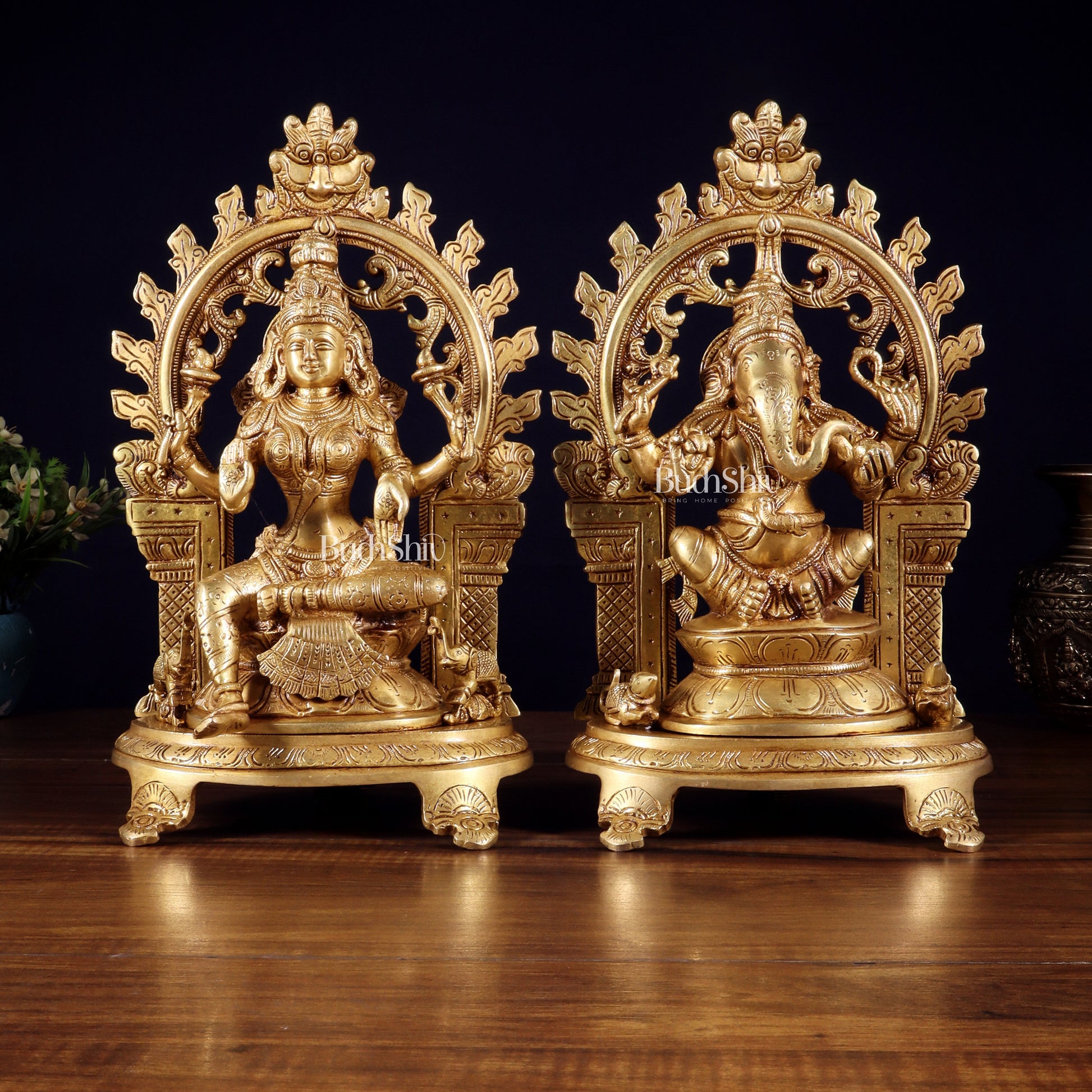 Pure Brass Lord Ganesha & Goddess Lakshmi Idol Pair with Prabhavali | 12 Inch