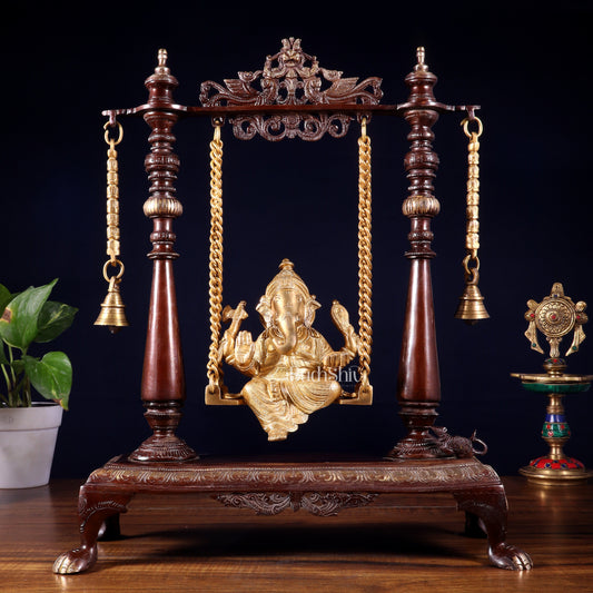Pure Brass Lord Ganesha on Swing | Superfine Quality | 16 Inch dual tone