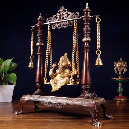 Pure Brass Lord Ganesha on Swing | Superfine Quality | 16 Inch dual tone