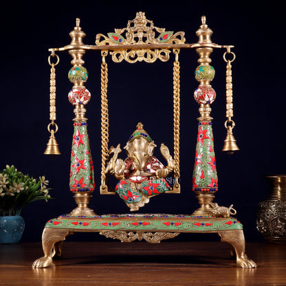 Pure Brass Lord Ganesha on Swing | with meenakari| 16 Inch