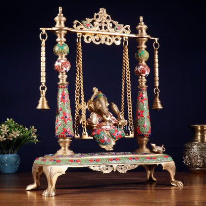 Pure Brass Lord Ganesha on Swing | with meenakari| 16 Inch
