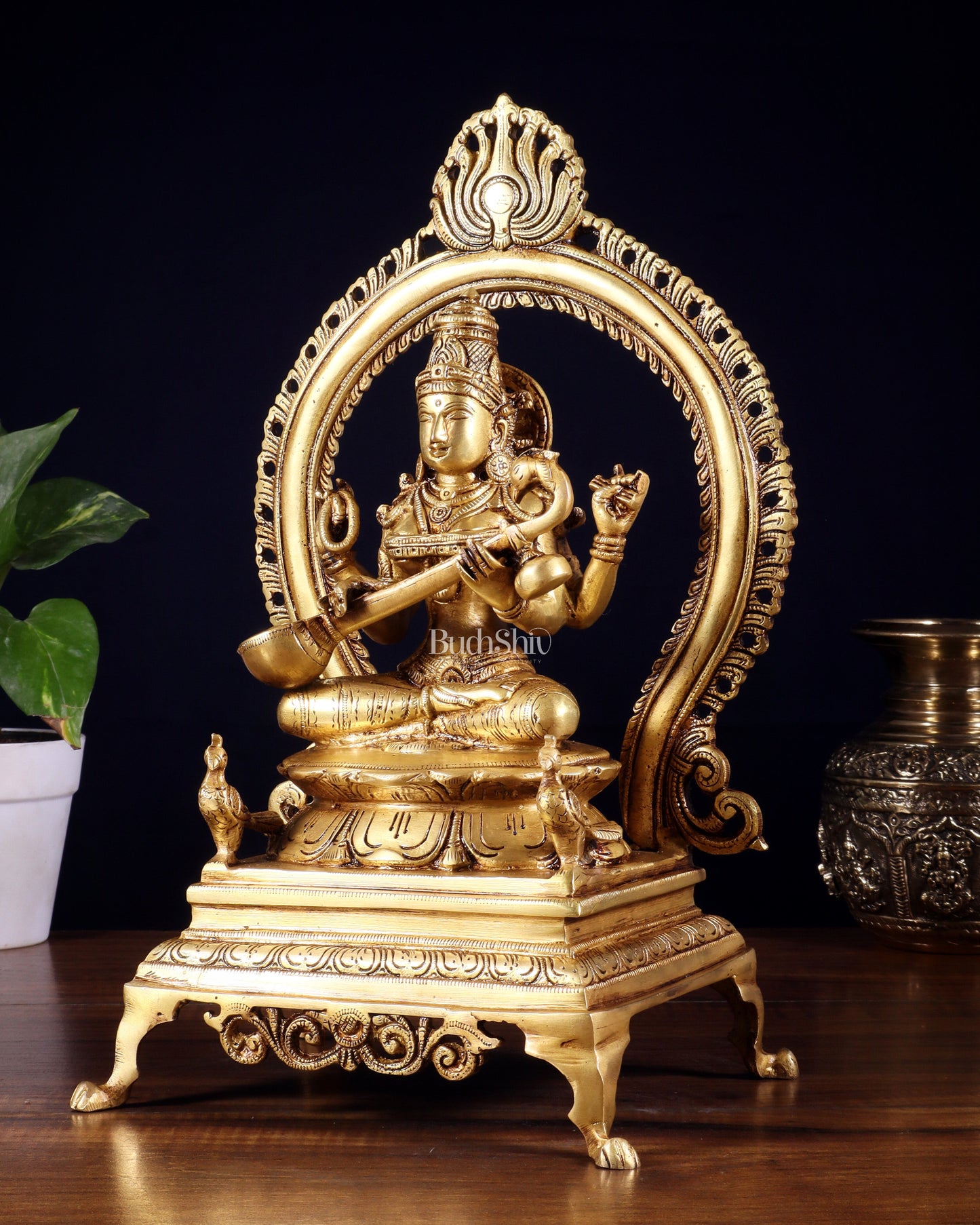 Pure Brass Goddess Saraswati Idol with Prabhavali | 13 Inch