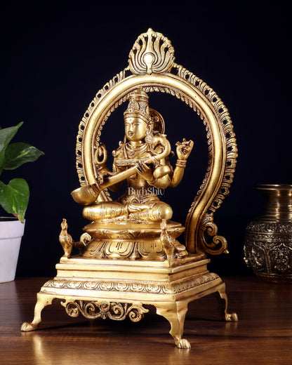 Pure Brass Goddess Saraswati Idol with Prabhavali | 13 Inch