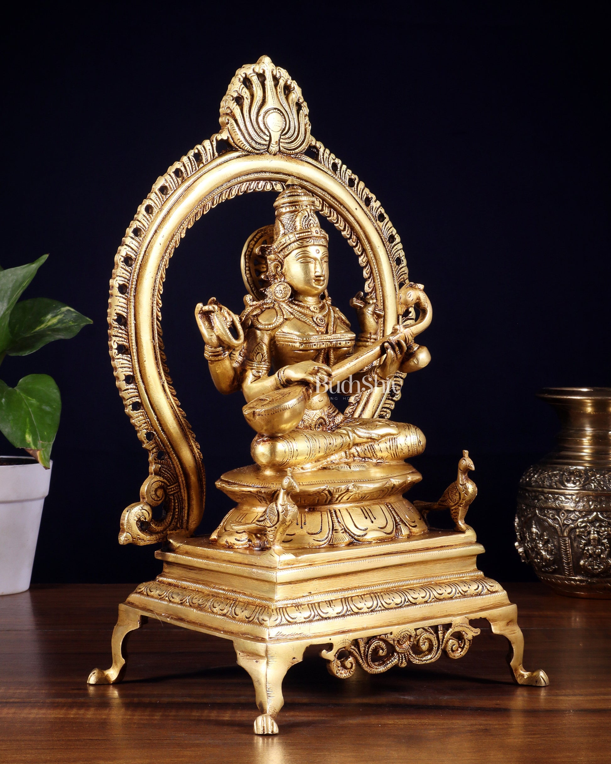 Pure Brass Goddess Saraswati Idol with Prabhavali | 13 Inch