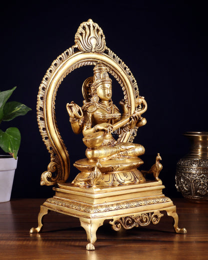 Pure Brass Goddess Saraswati Idol with Prabhavali | 13 Inch