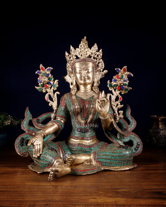 Large Brass Green Tara Statue with Nepalese Meenakari & Stonework | 18.5 Inch