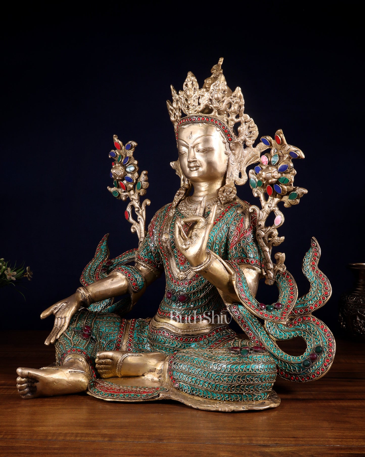 Large Brass Green Tara Statue with Nepalese Meenakari & Stonework | 18.5 Inch