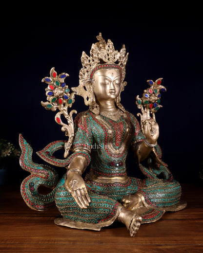 Large Brass Green Tara Statue with Nepalese Meenakari & Stonework | 18.5 Inch