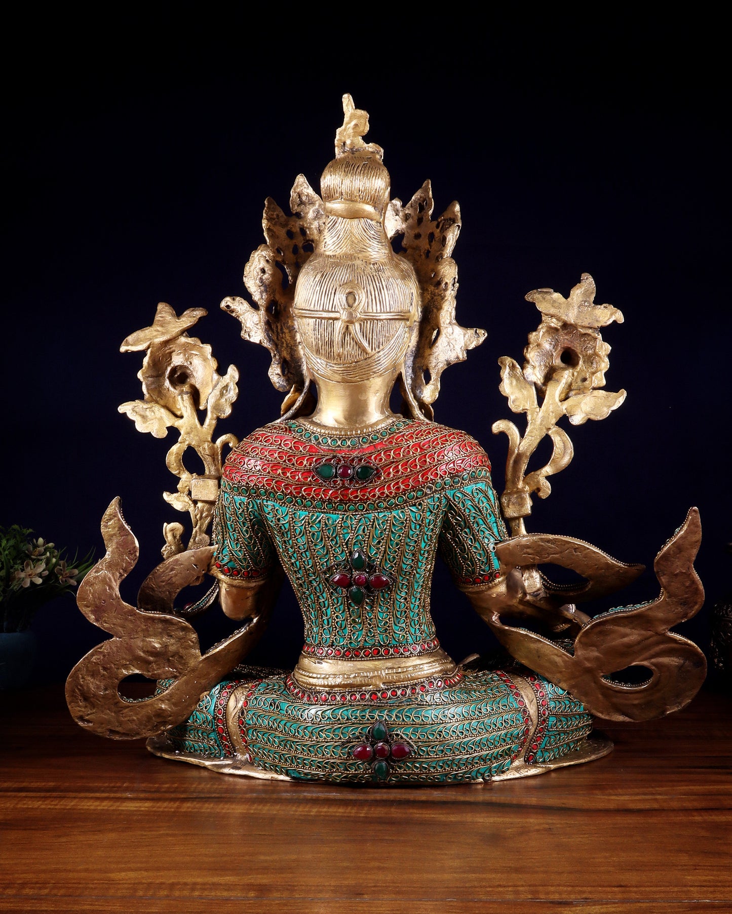 Large Brass Green Tara Statue with Nepalese Meenakari & Stonework | 18.5 Inch