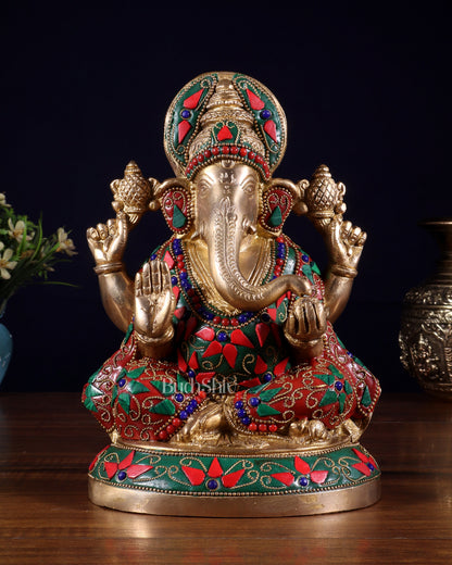 Pure Brass Lord Ganesha Statue – Unique Floral Stonework (8 Inch)