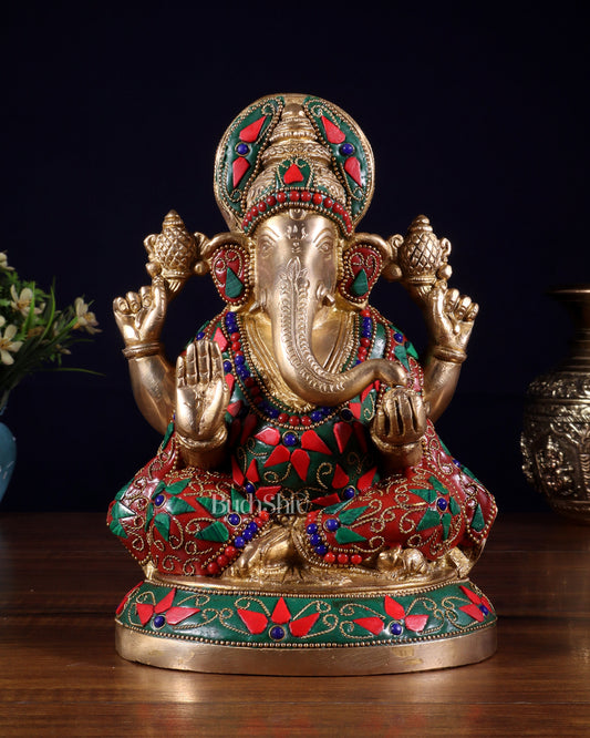 Pure Brass Lord Ganesha Statue – Unique Floral Stonework (8 Inch)