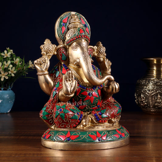 Pure Brass Lord Ganesha Statue – Unique Floral Stonework (8 Inch)